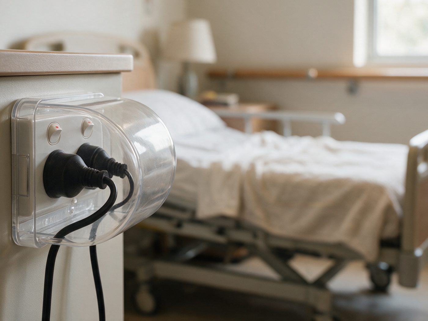 A Micky Ha Ha cover fitted over a power point beside a care bed, with two equipment cords running out of the bottom