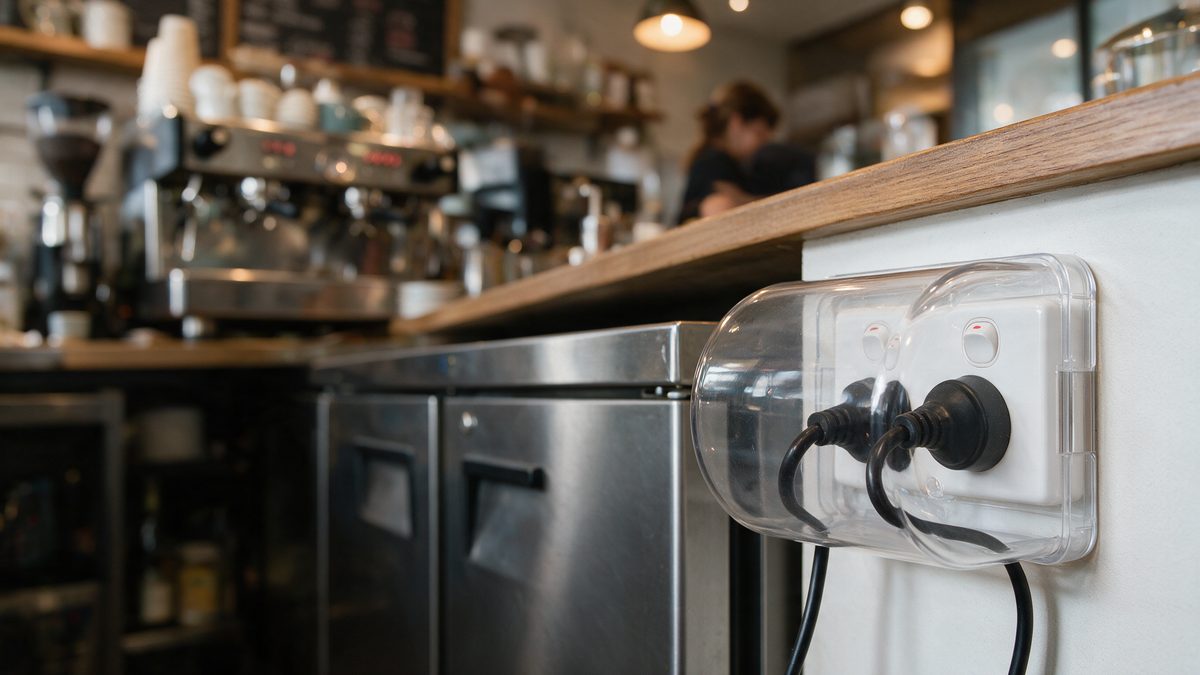 A Micky Ha Ha cover fitted over a power point behind a cafe counter, with the fridge cord running out of the bottom