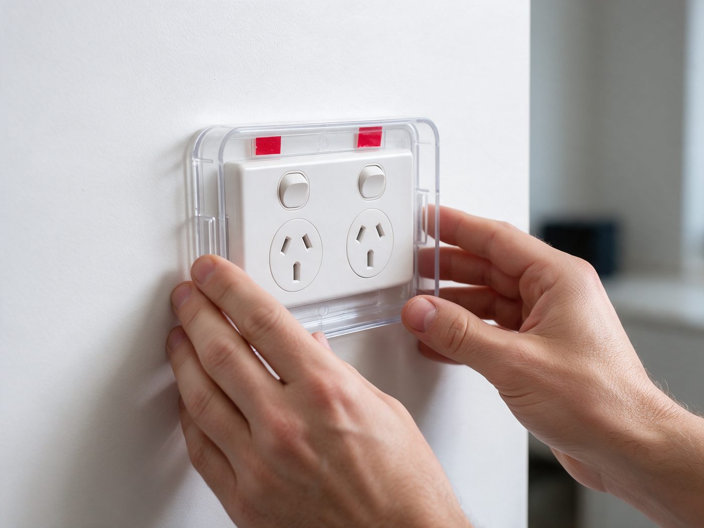 Two hands pressing the mounting base firmly onto the wall around a double power point, with the red adhesive strips visible