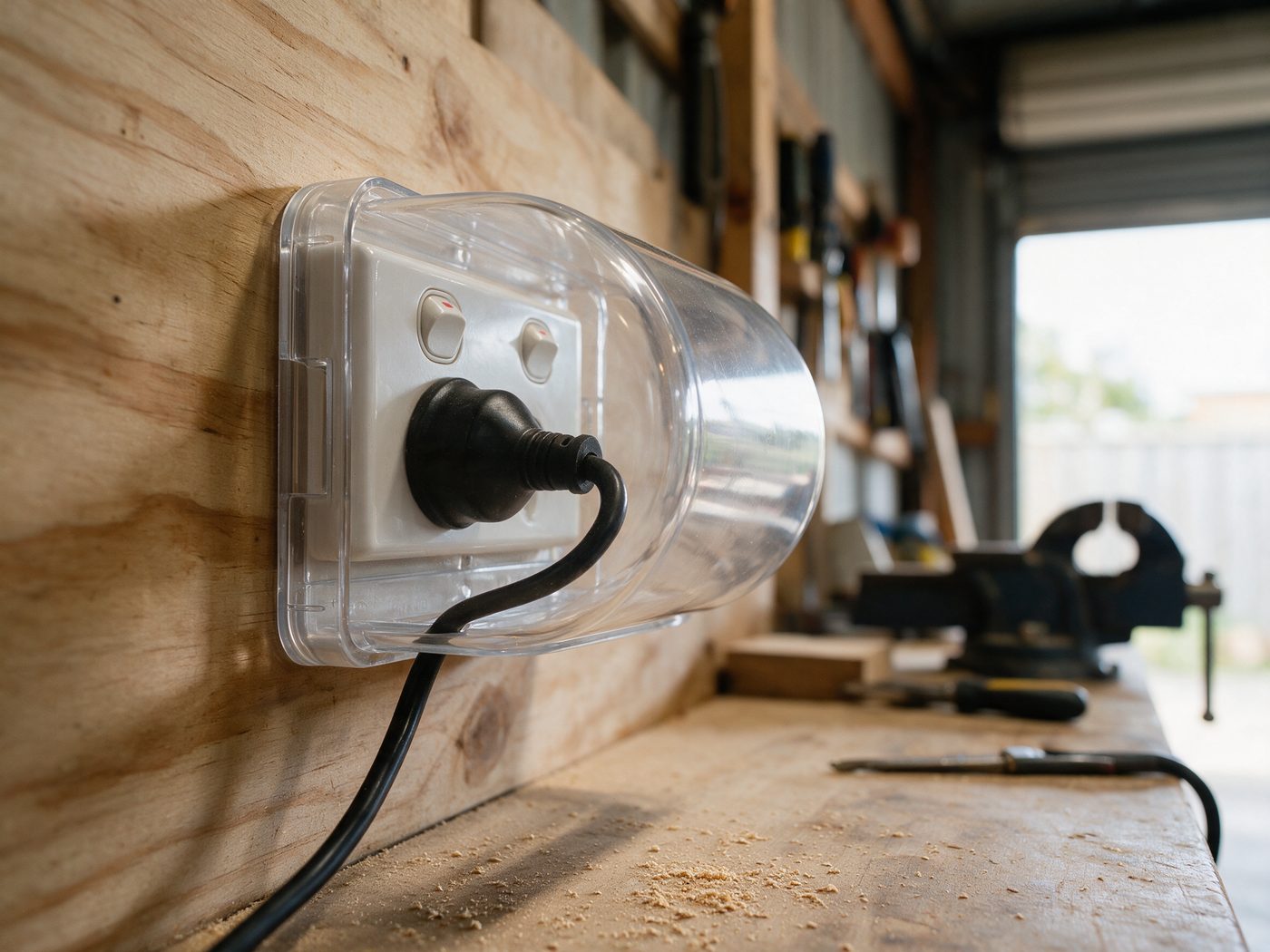 A Micky Ha Ha cover protecting a power point in a home workshop